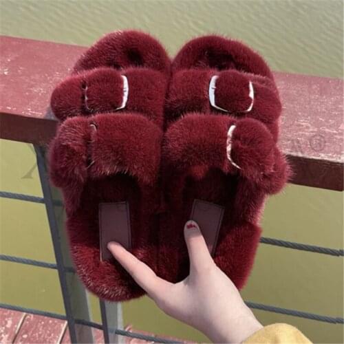 Designer Slides Fashion Womens Sandals 2021 Summer Shoes For Women Flat Shoes Luxury Sandals 100% Mink Fur Slippers