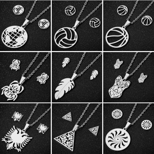 Men Punk Rotating Pattern Dog Eagle Beetle Basketball Pendant Necklaces Ear Studs Sets For Women Stainless Steel Clavicle Chain