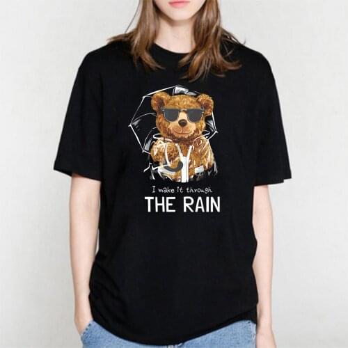 BLINGPAW Teddy Bear I Make It Through The Rain Letter Print T-shirt Unisex Top&Tees Summer Custom Tee Shirts Summer Plus Size