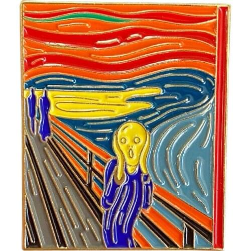 HOSENG Watercolor Painting The Scream Art Brooch Blue Brown Alloy Woman Man Party Elegant Lapel Collar Badge Enamel Pin HS_236