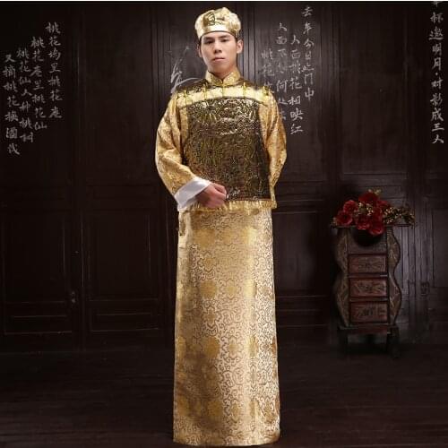 Chinese Qing dynasty manchu Golden wear Clothes long gown jacket Chinese Mens Traditional Long Gown Robe Solid Yellow Costume