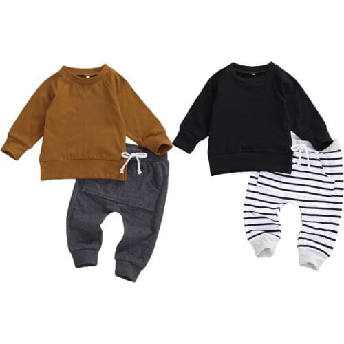 Lioraitiin 0-24M Newborn Baby Girl Boy 2Pcs Autumn Casual Clothing Set Long Sleeve Solid Top Striped Long Pants