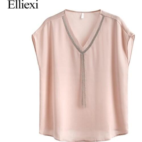 Elliexi Summer Womens Satin Tops Tassel Shirt For Women Patchwork Shirt Female Top Batwing Sleeve V-neck Blouse Female Shirts