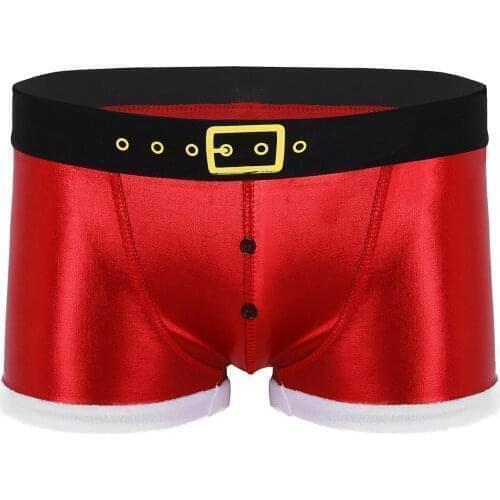 Mens Sissy Underwear Boxer Shorts Faux Leather Printed Belt Santa Claus Cosplay Panties Christmas Erotic Lingerie Gay Underpants