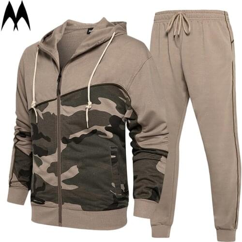 Camo Men Set Casual Sportswear 2021 Patchwork Print Hooded Jacket + Pants 2 Piece Mens Sports Sets Autumn Loose Track Suit
