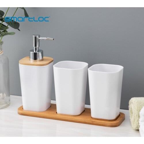 Smartloc 2PCS/3PCS Plastic Bathroom Accessories Set With Bamboo Tray Tumbler Soap Dispenser Lotion Bottle Toothbrush Holder