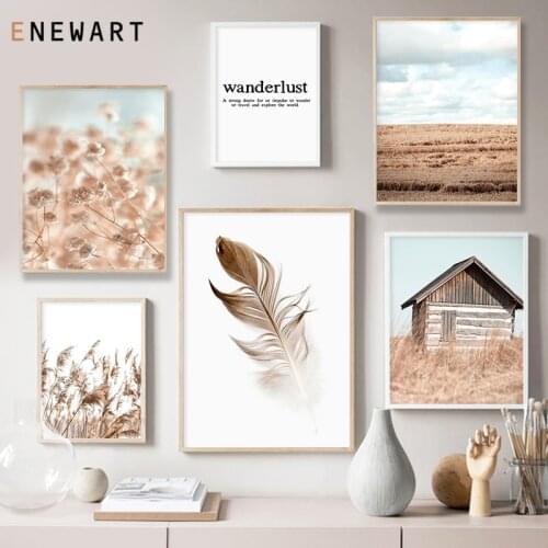 Beige Reed Grass Plant Wall Art Pictures Nordic Autumn Nature Landscape Canvas Painting for Living Room Posters and Prints