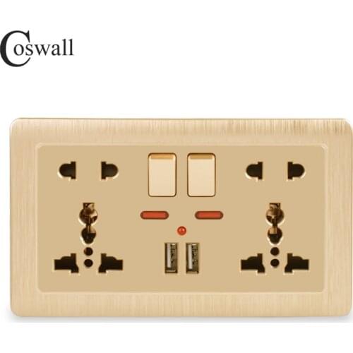 Coswall Wall Power Socket Double Universal 5 Hole Switched Outlet 2.1A Dual USB Charger Port LED indicator 146mm*86mm Gold