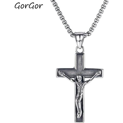 GorGor Necklace Men Stainless Steel Pattern Jesus Cross Pendant Individuality Vintage Style Party Fashion Accessories TX-1821