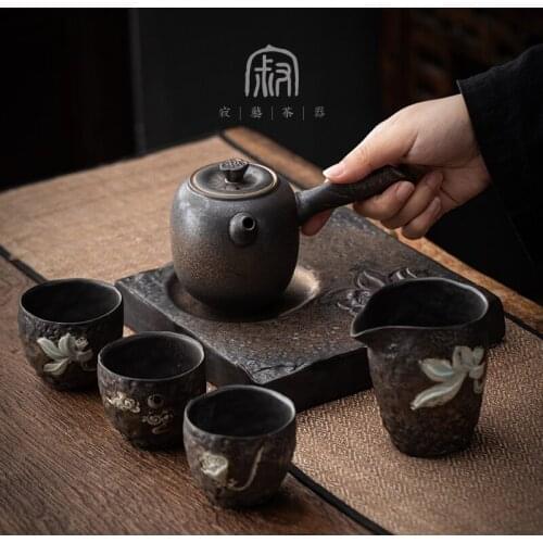 Luxury Retro Tea Set Kung Fu Coarse Pottery Small Tea Cup Japanese Tea Set Vintage Office Teapots Jogo De Xicaras Teaware EF60CJ