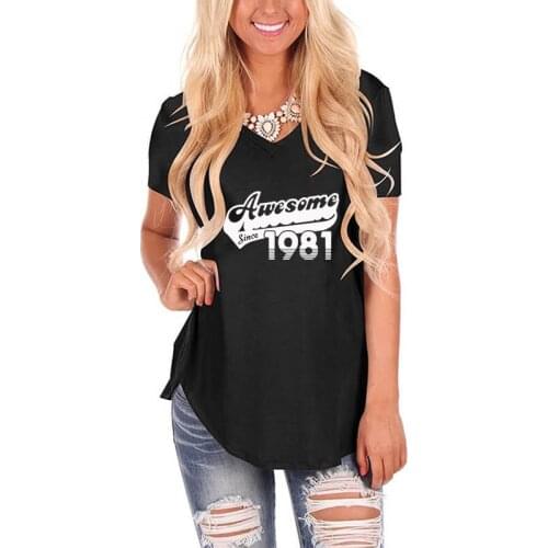 Awesome Since 1981 40 Letter Print Women Loose T-Shirt V Neck Vintage Shirt for Female Femme 50th Birthday Gift Casual Top