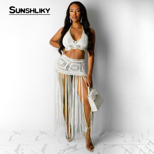 Sunshliky 2021 White Crochet Lace Hollow Sexy Dress Women Halter Long Tassel Summer Dress Vestido Backless Casual Beach Dress