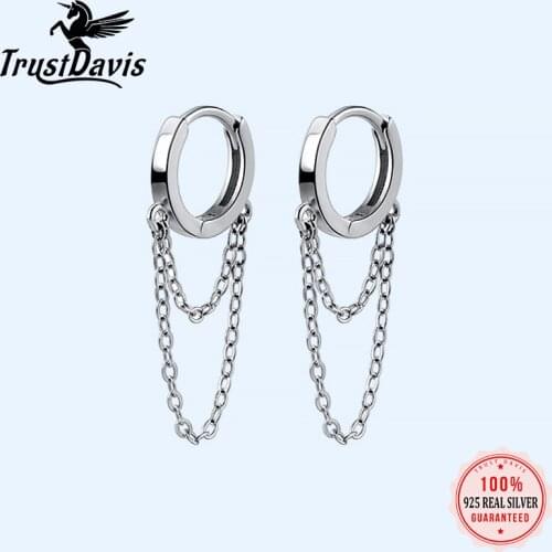 Trustdavis Minimalist Genuine 925 Sterling Silver Double Layer Linkced Chain Clips Earrings For Women Wedding Jewelry Gift DA544