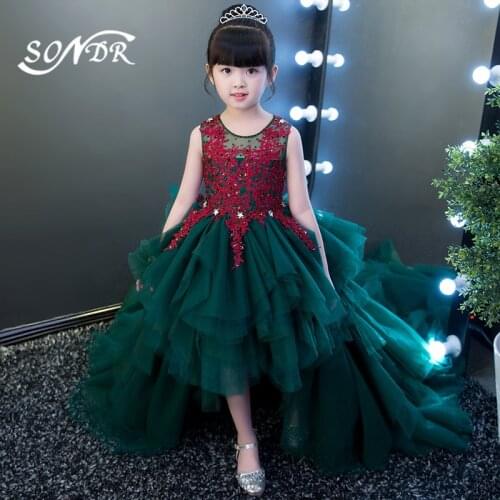 Green Flower Girl Dresses HT069 Red Embroidery Lace Flower Girls Gown Elegant Crystal O-neck Girls Tiered Tulle Dress For Party