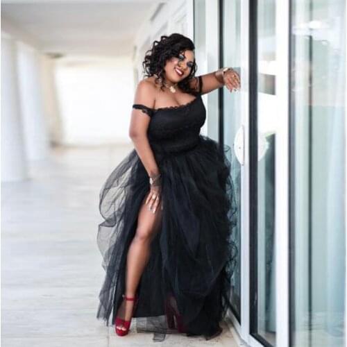 High Split Black Tulle Skirt Ruffle Real Images Womens Long Maxi Special Occasion Bustle Night Out Skirt Floor Length