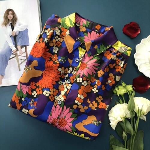 Women Silk 100% Floral Printed Long Sleeve Lapel Twill Fabric Blouse Shirt Top