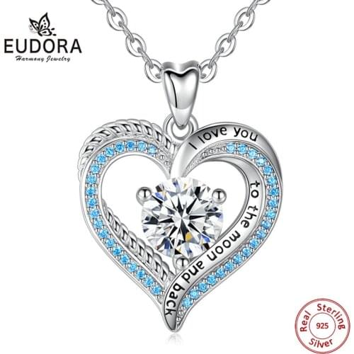 Eudora 925 sterling silver Necklace for women Engagement Fashion Jewelry Austrian Crystal CZ Romantic Blue Heart Pendant CYD407