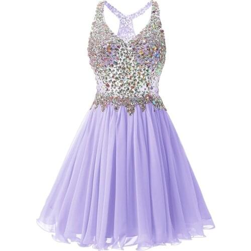 Elegant V-Neck A Line Evening Dresses Major Beaded Lavnder Chiffon Formal Party Gowns Knee-Length Robe De Soirée