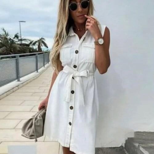 Women Vintage Front Button Sashes Sheath Party Dress Sleeveless Turn Down Collar Casual Mini Dress 2021 Summer Fashion New Dress