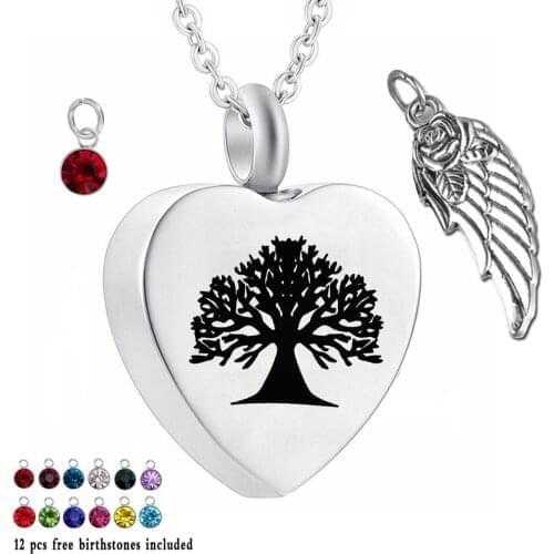 Tree of Life 12 Piece Birthstone Crystal Urn Necklace Heart Memorial Keepsake Holder Pendant Ash Cremation Jewelry for Ashes