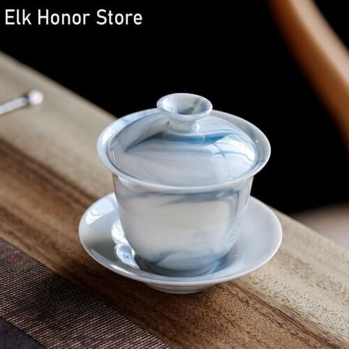 155ml Elegant White Jade Porcelain GaiWan Sky Blue Ink And Wash Ceramic Bowl With Lid Cup Saucer Chinese Tradition Pu'er Teaware