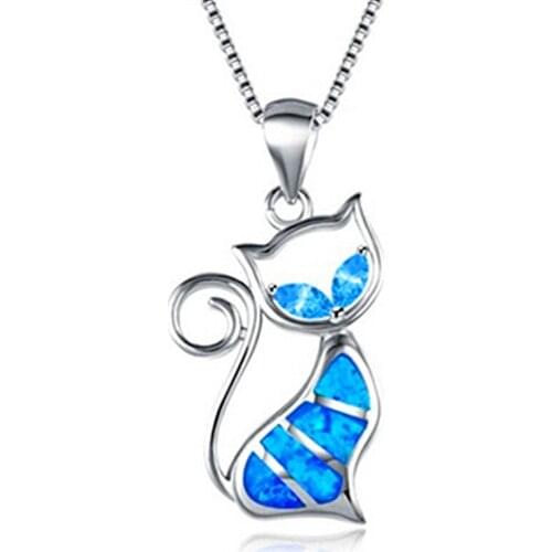 2018 New Design Cat Rhinestone Choker Pendant Necklace Blue Fire Synthesis Opal Necklaces for Women Fashion Animal Jewelry Gift