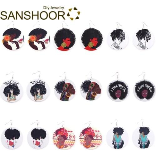 SANSHOOR Printed AFRO Natural Hair Wood Earrings African Black Woman Headwrap Ethnic Jewelry As Christmas Gifts 9Pairs