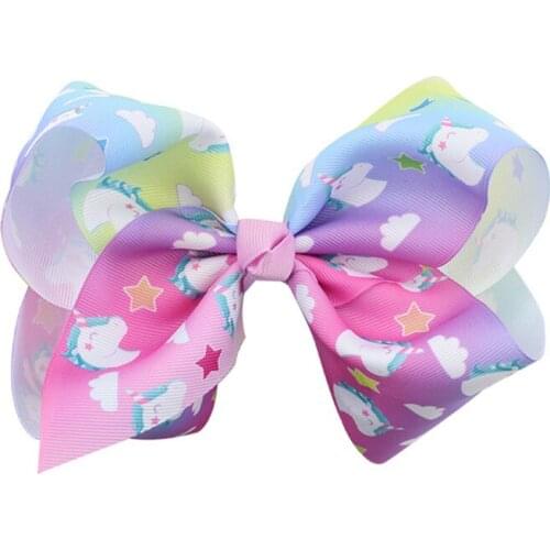 Cartoon Hair Bow White Pompom Rainbow Cartoon Bow-knot Handmade printed ribbon Hairbows Girls Hair Accessories