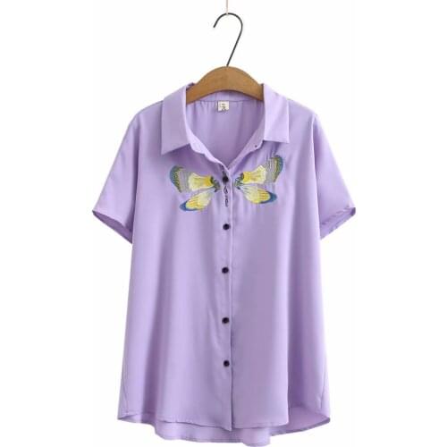 Plus size Embroidery women shirts 2021 summer casual ladies turn-down collar Short sleeve blouse tops female black white purple