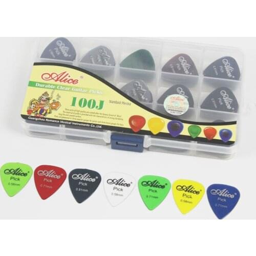 100pcs Alice Long Life Clear Guitar Picks Plectrum Pick Various 0.58mm/0.71mm/0.81mm + 15 Grid Case
