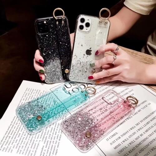 Glitter Powser Wristband Phone Case For iPhone 11 X XR XS Max 6 6S 7 8 Plus Transparent Soft TPU Wrist Strap Bracket Back Cover