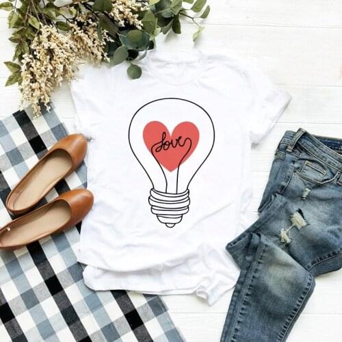 Red Heart Light Bulb Print T-shirt Women Short Sleeve O Neck Loose Tshirt Ladies Summer Fashion Female Tee Shirt Tops Clothes