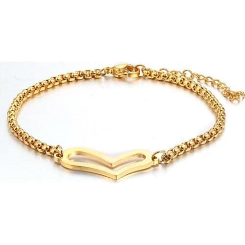 Stainless Steel Minimalism Gold Heart Chain Link Women Bracelet Bangle Jewelry Gift For Him Best Valentines Day Gift