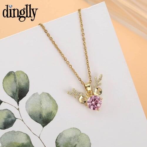Fashion Elk Pendant Necklace For Women Men Pink & Purple Crystal Reindeer Golden Stainless Steel Chain Necklace Collar Jewelry