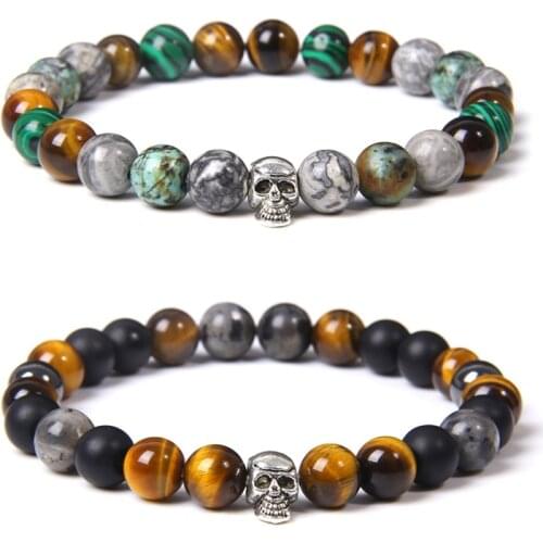 Mix Natural Stone Skull Charm Bracelets Bloodstone Lava Tiger Eye For Men Punk Cool Bracelet&Bangles Jewelry Gothic Accessories