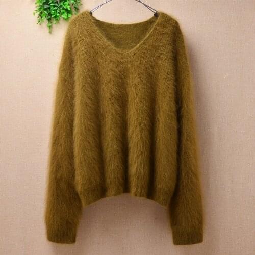 Ladies women fashion hairy fuzzy mink cashmere knitted v-neck long sleeves short pullover angora fur winter jumper sweater pull