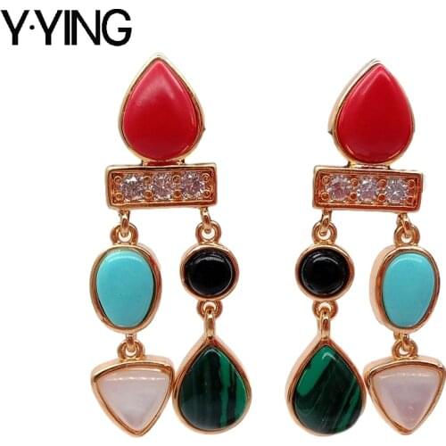 Y·YING natural Rose Quartzs Turquoises Onyx Coral Stud Earrings cute style for women