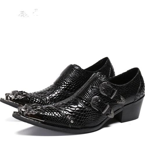 Shoes men original leather Metal steel toe high heels mens dress formal elegant shoes double buckle sapato masculino wedding man