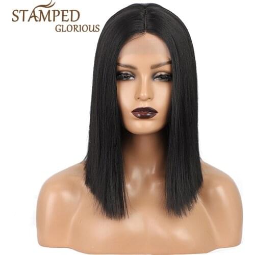 Stamped Glorious Short Straight Synthetic Black Wigs Middle Part Bob Wigs for Women Blonde Mixed Brown Wig High Temperature