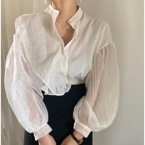 Women Mesh Sheer Blouse Chiffon See-through Long Sleeve Top Shirt Blouse Fashion Organza Transparent White Shirt Female Blusas