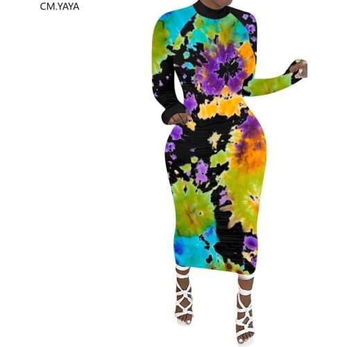 CM.YAYA Women Tie Dye Galaxy Print Long Sleeve Bodycon Midi Dress Sexy Bandage Party Night Club Long Maxi Pencil Dresses Vestido
