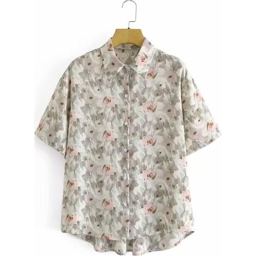 ZXQJ Women 2021 Fashion Graffiti Print Loose Asymmetry Blouses Vintage Short Sleeve Female Shirts Blusas Chic Tops