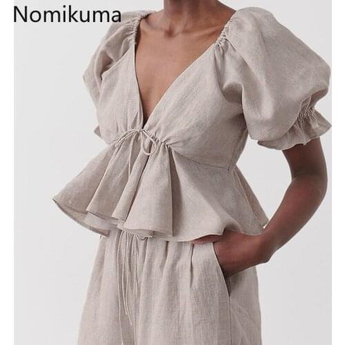 Nomikuma 2021 Spring cotton linen Women Blouse Shirt Sexy Bow Tie Backless Top New Puff Sleeve V-neck Ruffle Sweet Blusas 6F660