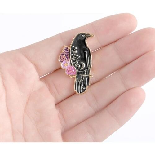 Purple crow standing on a rose branch Star moon pattern Enamel brooch Cartoon animal bird Gothic style badge