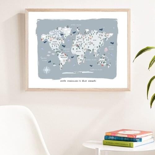 World Map Poster Prints Animals Theme Map Canvas Painting Funny Creative Map Wall Art Wall Pictures Nursery Home Wall Decor