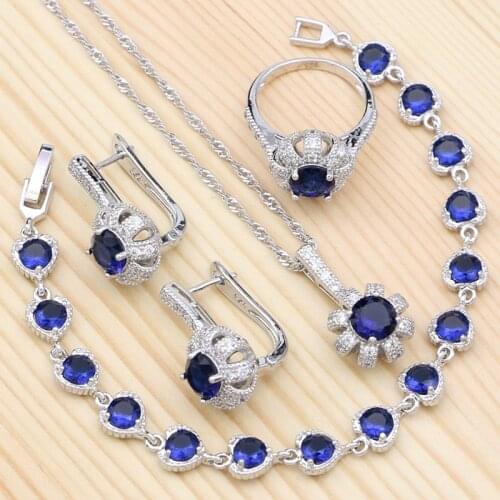 925 Sterling Silver Jewelry Sets Blue Cubic Zirconia White Crystal For Women Stud Earring Pendant Bracelet Ring Necklace Set