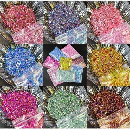 Mix-Size Bling Chameleon Nail Sequins Aurora Flakes Slices Hexagon Shape Chunky Manicure Powder Nial Art Decoration 50g/Bag