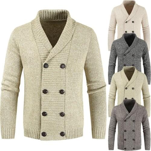 Mens Cardigan Coat 2020 Winter Fashion Double Breasted Knitted Cashmere Sweater Lapel Long Sleeve Pull Homme Warm Coats