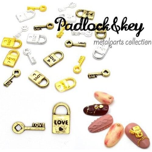 New 100pcs Gold/Silver/vintage gold heart padlock & key 3d metal Nail Art Decorations Alloy Bronze Concentric lock Nail Charms