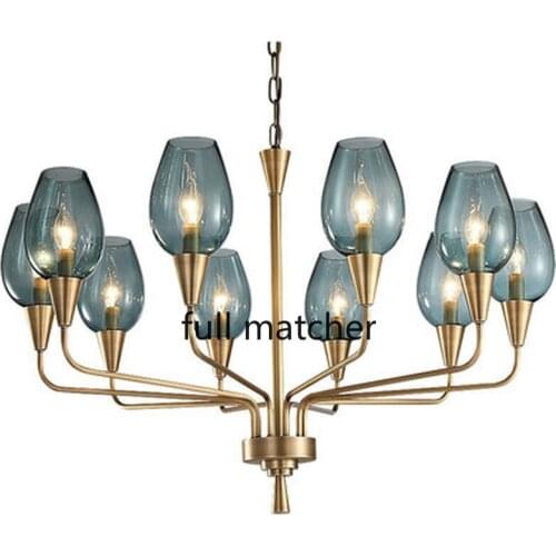 Nordic Full copper Living room Pendant lights Post Modern Simple Bedroom Blue glass lampshade American style Light luxury lamp